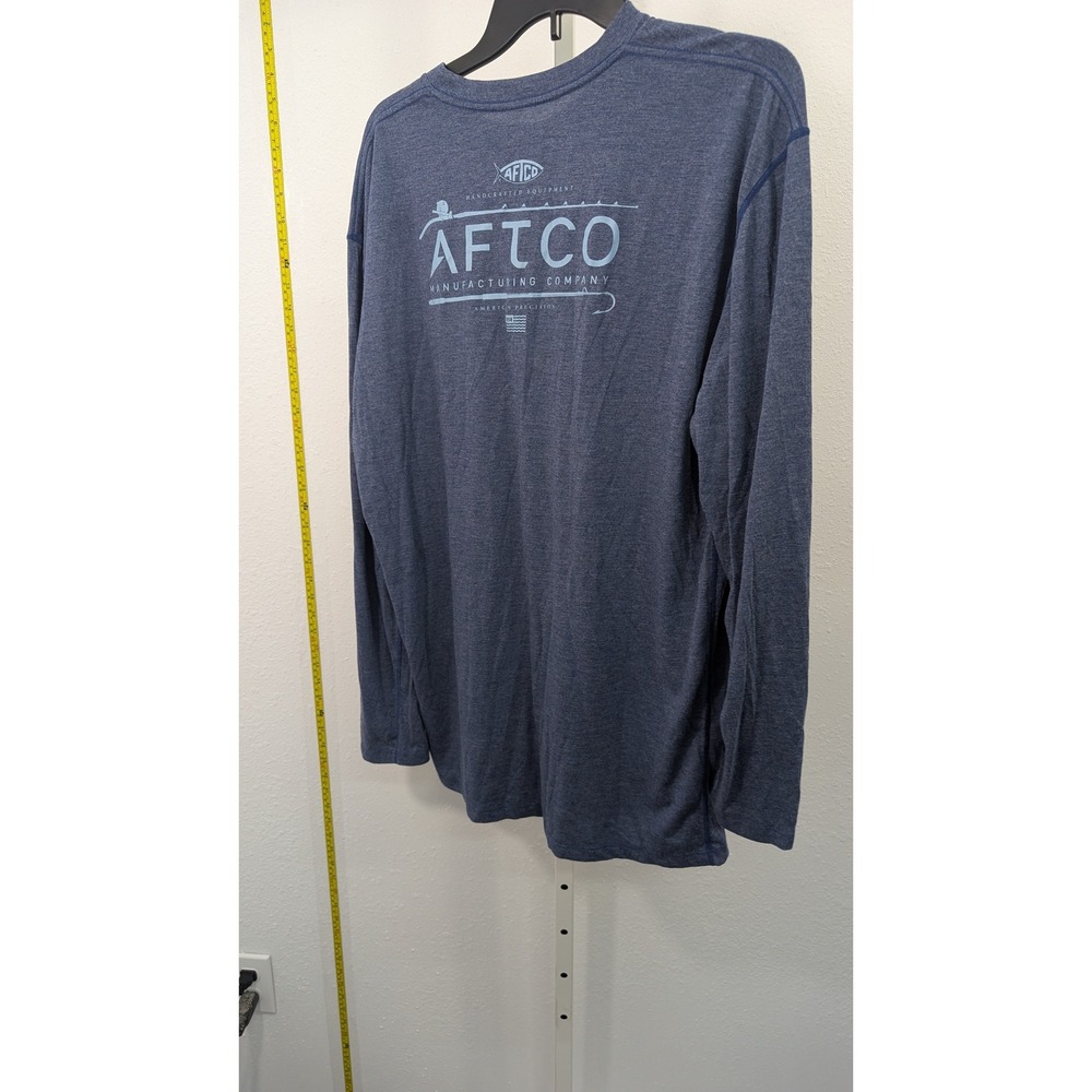 AFTCO Mens XL Long Sleeve Fishing Shirt Heather Navy Blue Graphic Tee Polyester